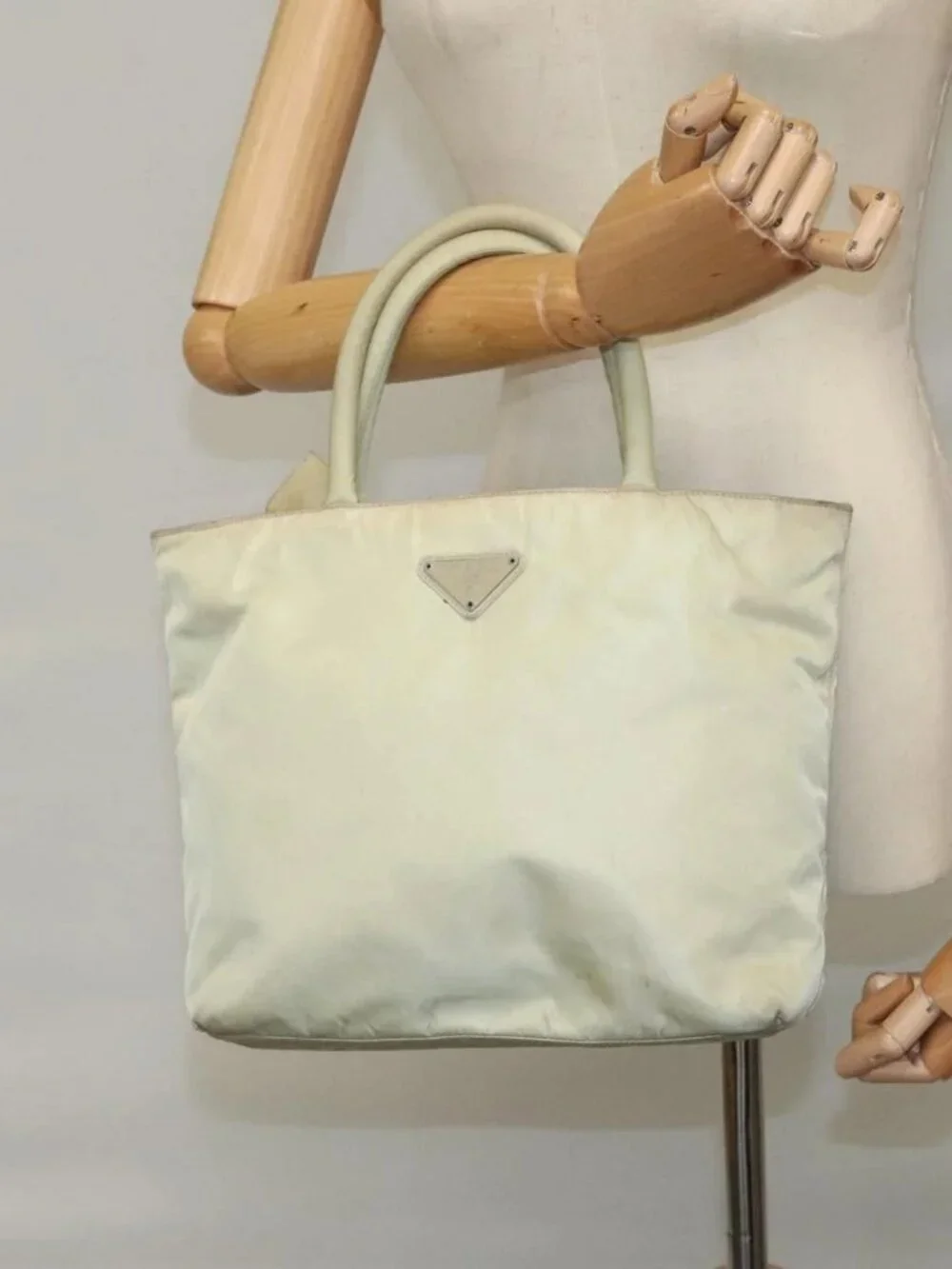 PRADA Hand Bag Nylon Beige Auth bs21346